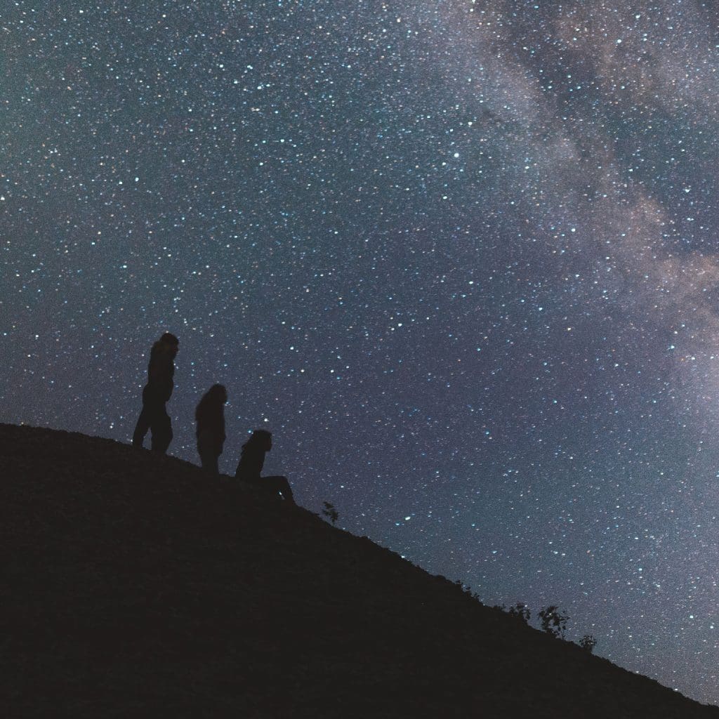 Silhouette of people against a starry sky at Bald Hill